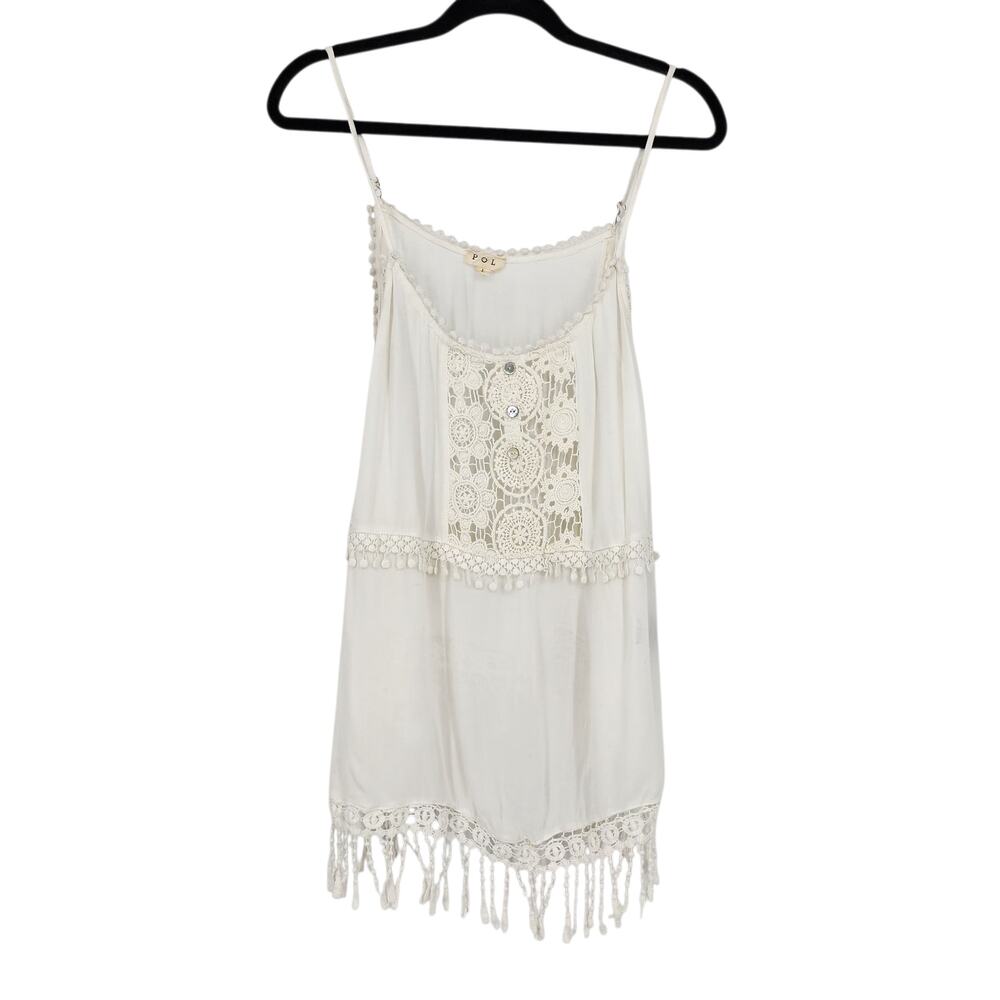 NWOT POL White Floral Crochet Lace Fringe Spaghetti Strap Tunic Tank Top Size L